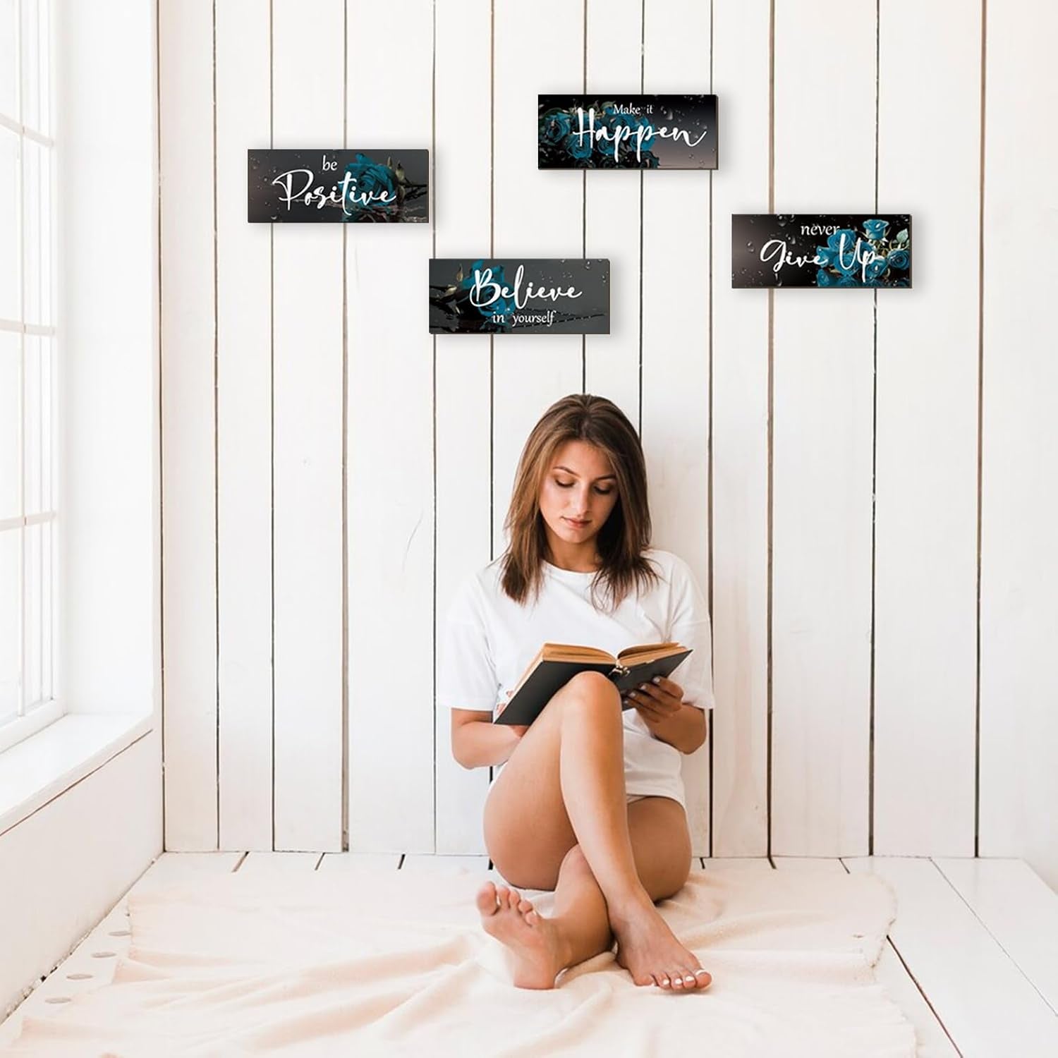 4 Piece Teal Wall Decor Set Inspirational Teal Black Decor for Bedroom Bathroom Women'S Office Motivational Quotes Rustic Rose Wall Art for Home Office Decoration 10X4 Inches