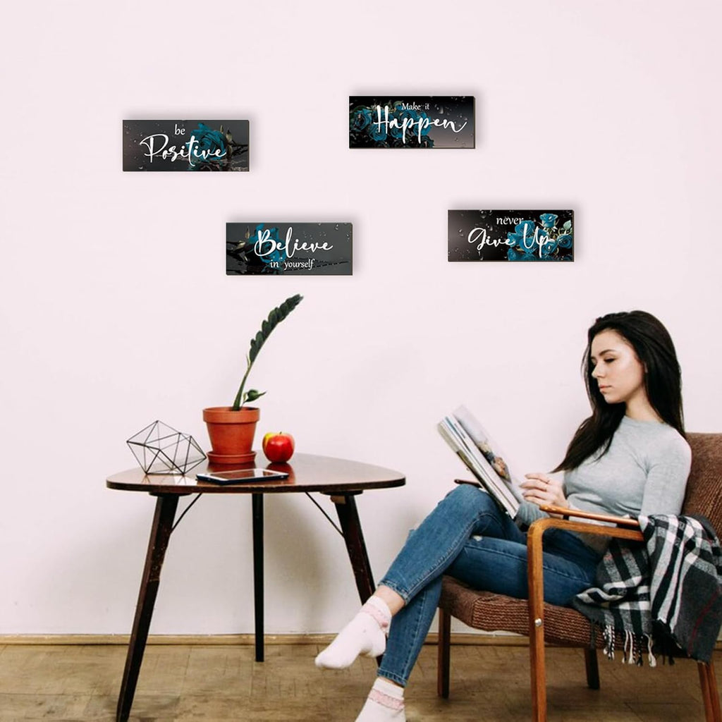 4 Piece Teal Wall Decor Set Inspirational Teal Black Decor for Bedroom Bathroom Women'S Office Motivational Quotes Rustic Rose Wall Art for Home Office Decoration 10X4 Inches