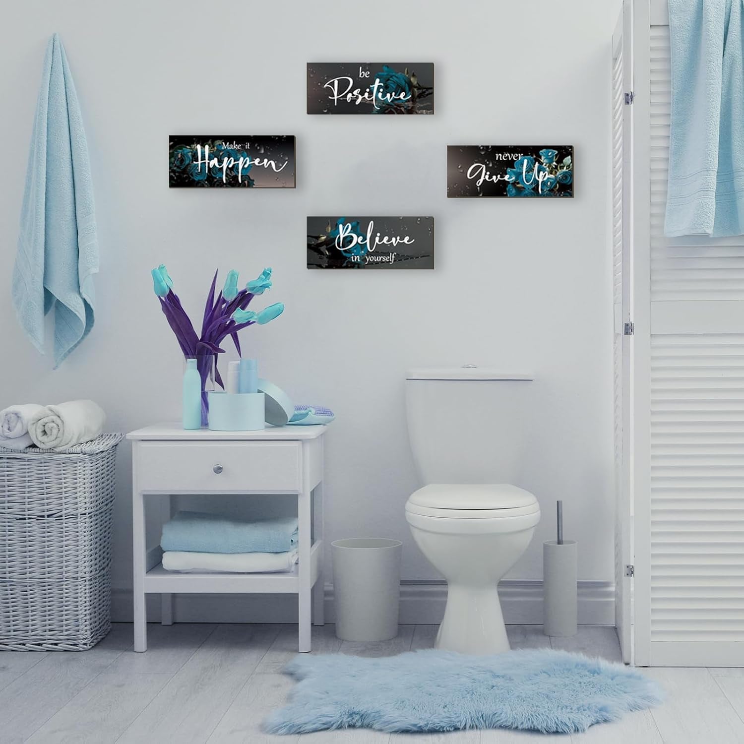 4 Piece Teal Wall Decor Set Inspirational Teal Black Decor for Bedroom Bathroom Women'S Office Motivational Quotes Rustic Rose Wall Art for Home Office Decoration 10X4 Inches