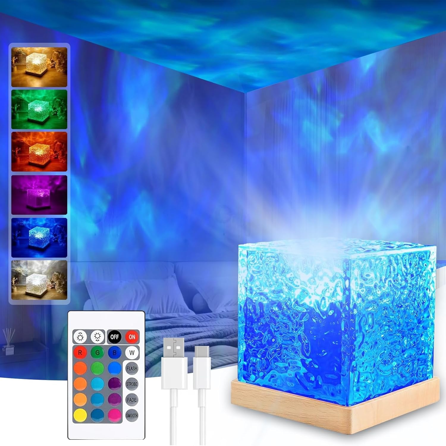Birthday Gifts for Women Teen Girl Ocean Wave Projector Light,16 Colors Ocean Lamp Water Ripple Cube Night Light with Remote for Bedrooms,Games, Birthdays,Festivals (Ocean Lamp)