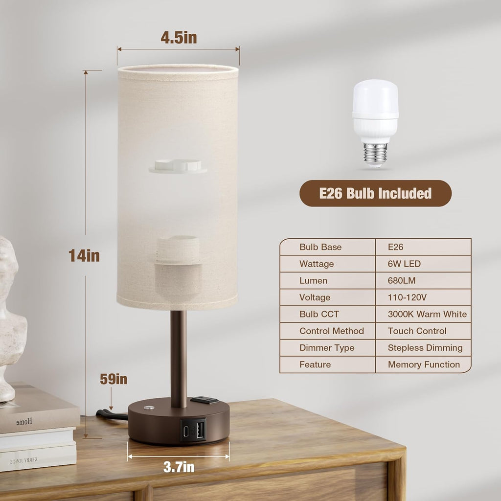 Touch Bedside Table Lamp with Memory - Stepless Dimmable Lamp for Bedroom, Small Nightstand Lamp with Dual USB Charging Ports and AC Outlet, Wood Night Light, Desk Lamp for Nursery (Beige & Brown)