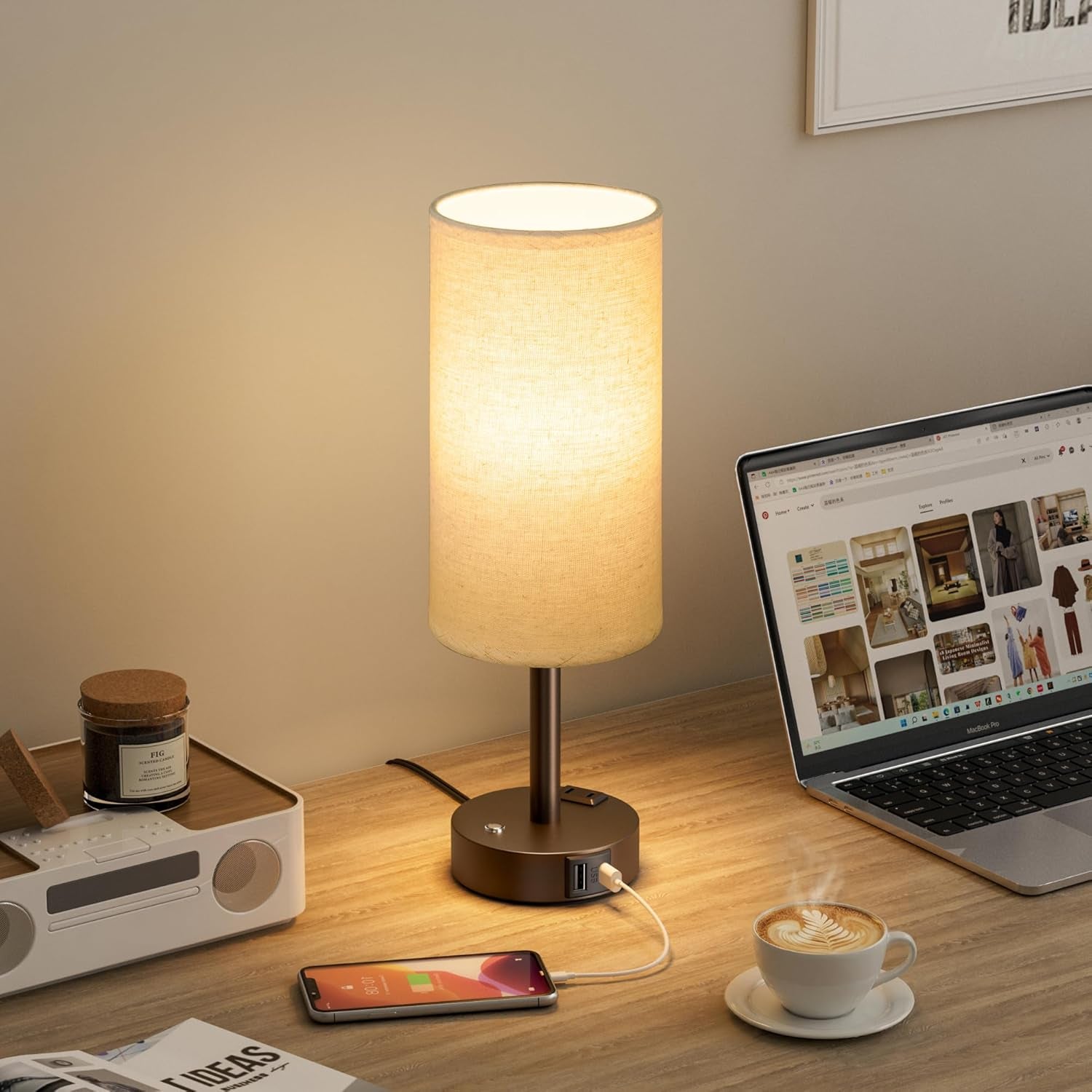 Touch Bedside Table Lamp with Memory - Stepless Dimmable Lamp for Bedroom, Small Nightstand Lamp with Dual USB Charging Ports and AC Outlet, Wood Night Light, Desk Lamp for Nursery (Beige & Brown)
