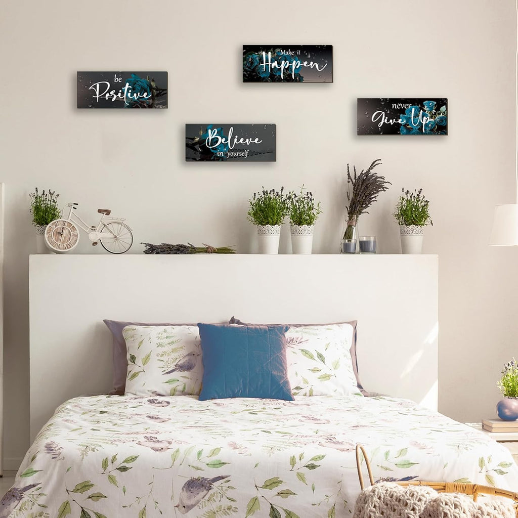 4 Piece Teal Wall Decor Set Inspirational Teal Black Decor for Bedroom Bathroom Women'S Office Motivational Quotes Rustic Rose Wall Art for Home Office Decoration 10X4 Inches