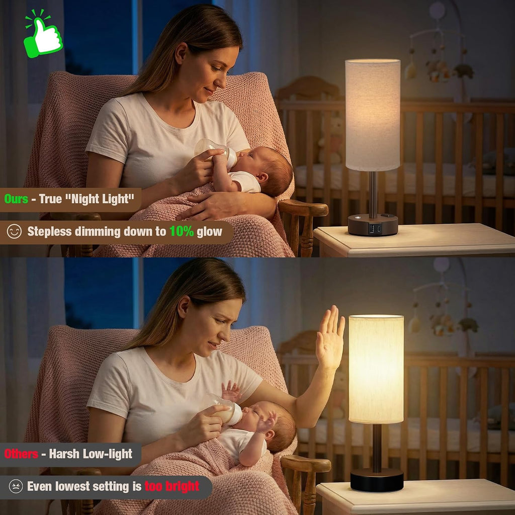Touch Bedside Table Lamp with Memory - Stepless Dimmable Lamp for Bedroom, Small Nightstand Lamp with Dual USB Charging Ports and AC Outlet, Wood Night Light, Desk Lamp for Nursery (Beige & Brown)