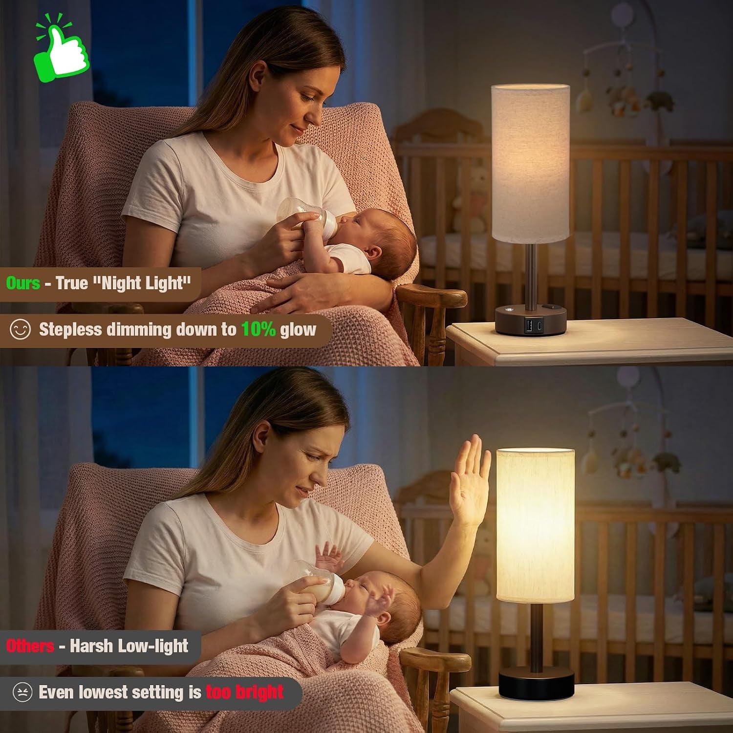 Touch Bedside Table Lamp with Memory - Stepless Dimmable Lamp for Bedroom, Small Nightstand Lamp with Dual USB Charging Ports and AC Outlet, Wood Night Light, Desk Lamp for Nursery (Beige & Brown)