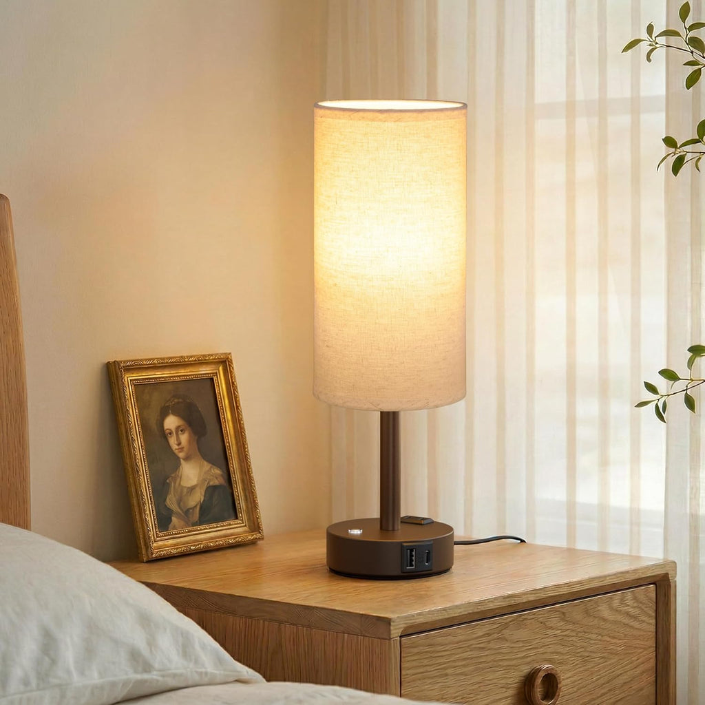 Touch Bedside Table Lamp with Memory - Stepless Dimmable Lamp for Bedroom, Small Nightstand Lamp with Dual USB Charging Ports and AC Outlet, Wood Night Light, Desk Lamp for Nursery (Beige & Brown)