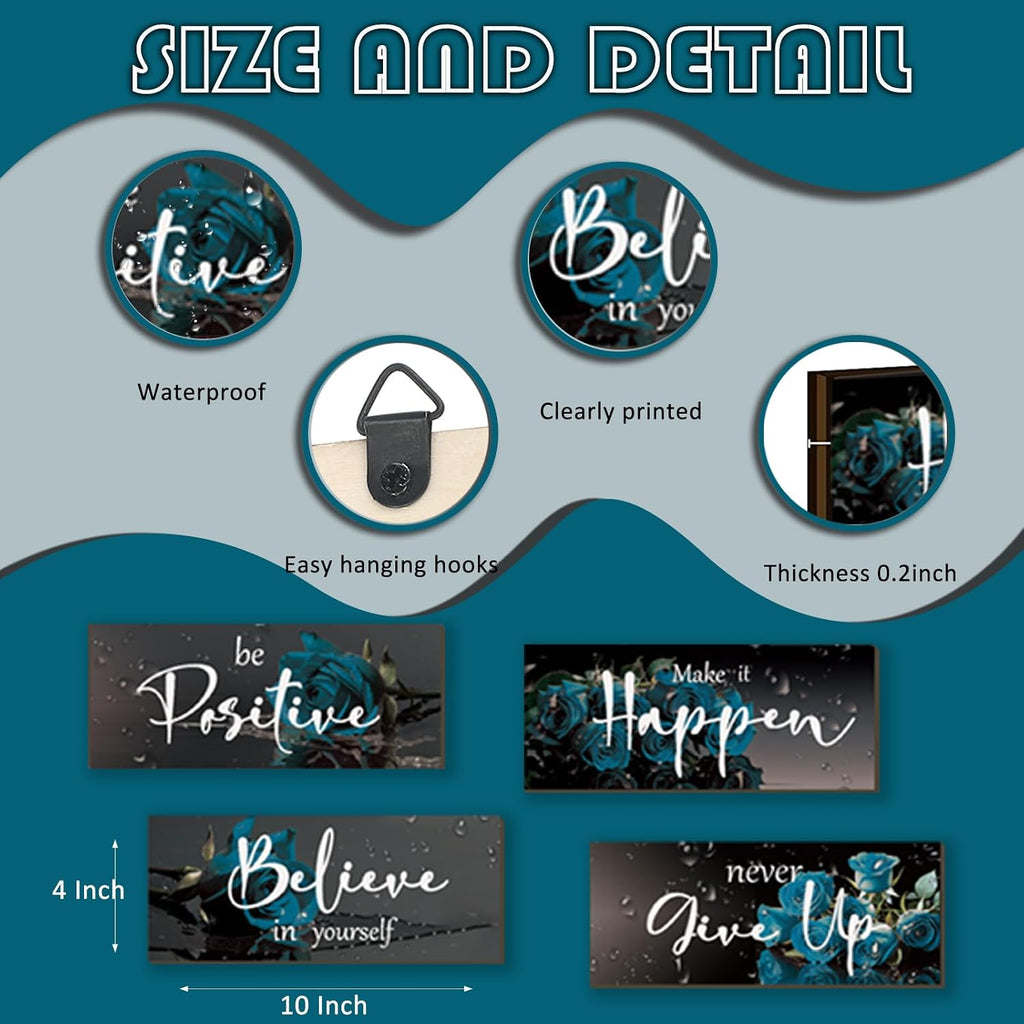 4 Piece Teal Wall Decor Set Inspirational Teal Black Decor for Bedroom Bathroom Women'S Office Motivational Quotes Rustic Rose Wall Art for Home Office Decoration 10X4 Inches