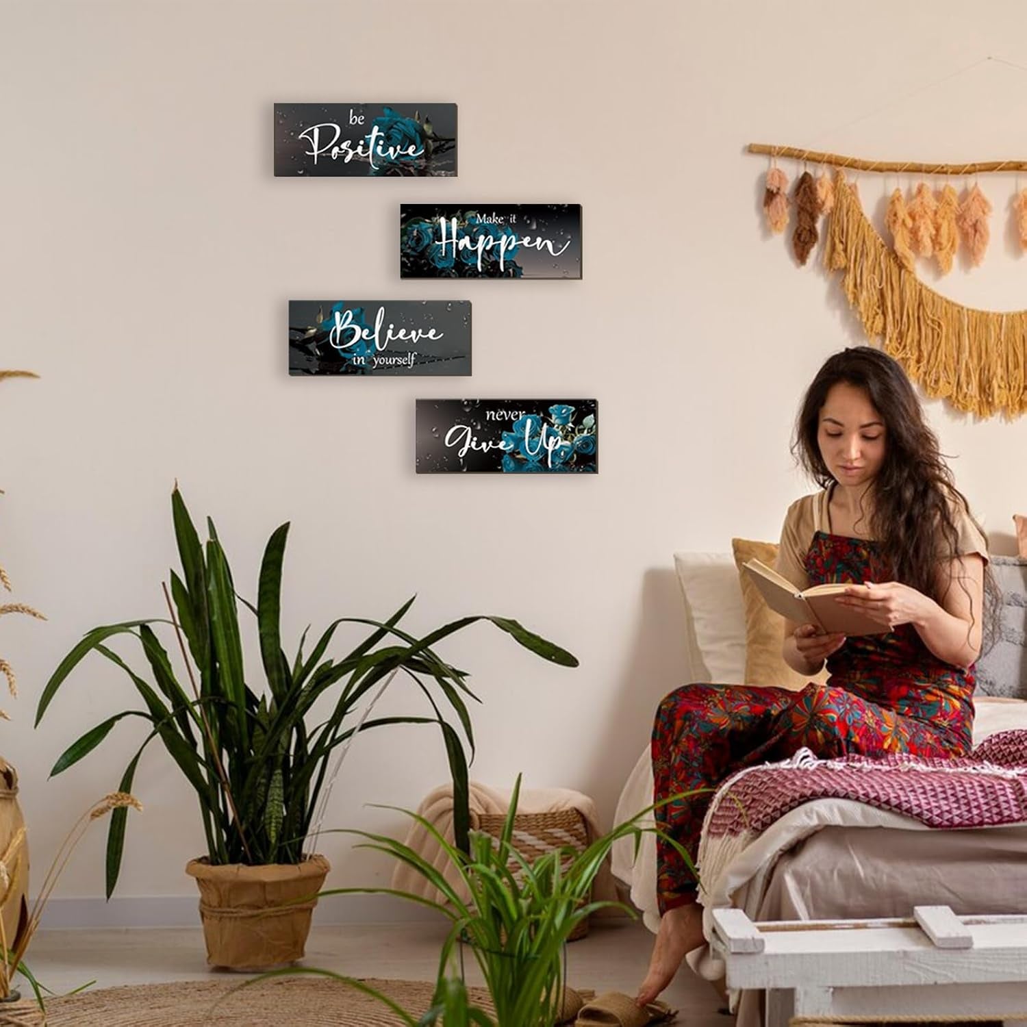 4 Piece Teal Wall Decor Set Inspirational Teal Black Decor for Bedroom Bathroom Women'S Office Motivational Quotes Rustic Rose Wall Art for Home Office Decoration 10X4 Inches
