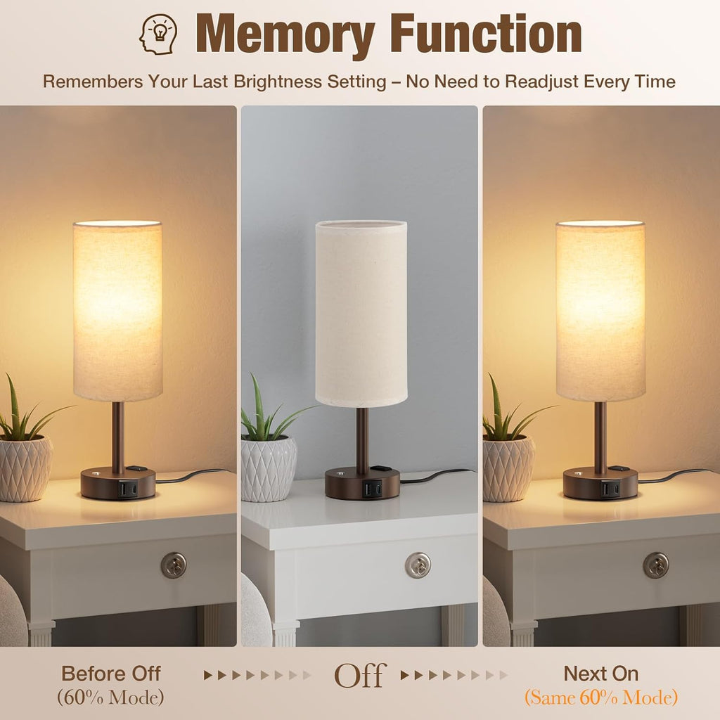 Touch Bedside Table Lamp with Memory - Stepless Dimmable Lamp for Bedroom, Small Nightstand Lamp with Dual USB Charging Ports and AC Outlet, Wood Night Light, Desk Lamp for Nursery (Beige & Brown)