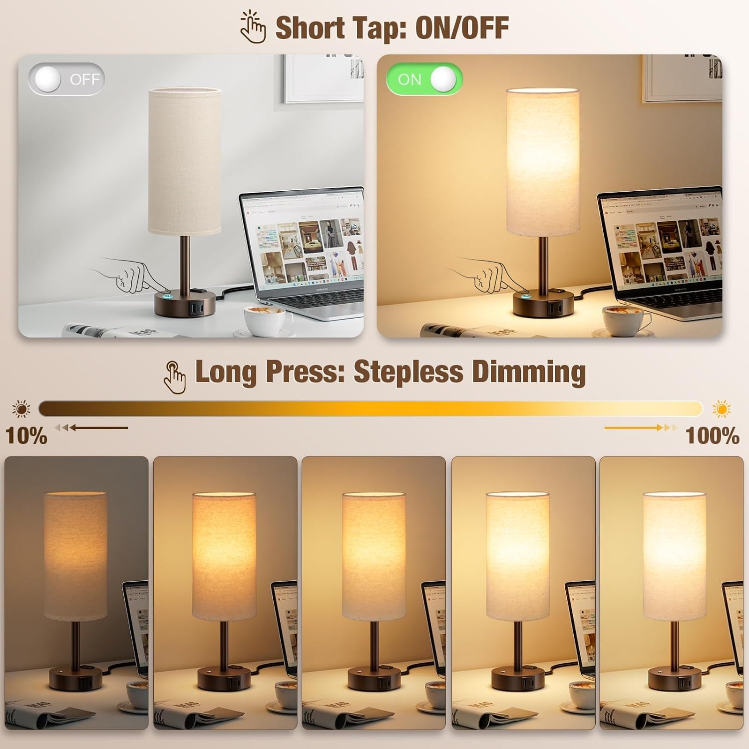 Touch Bedside Table Lamp with Memory - Stepless Dimmable Lamp for Bedroom, Small Nightstand Lamp with Dual USB Charging Ports and AC Outlet, Wood Night Light, Desk Lamp for Nursery (Beige & Brown)