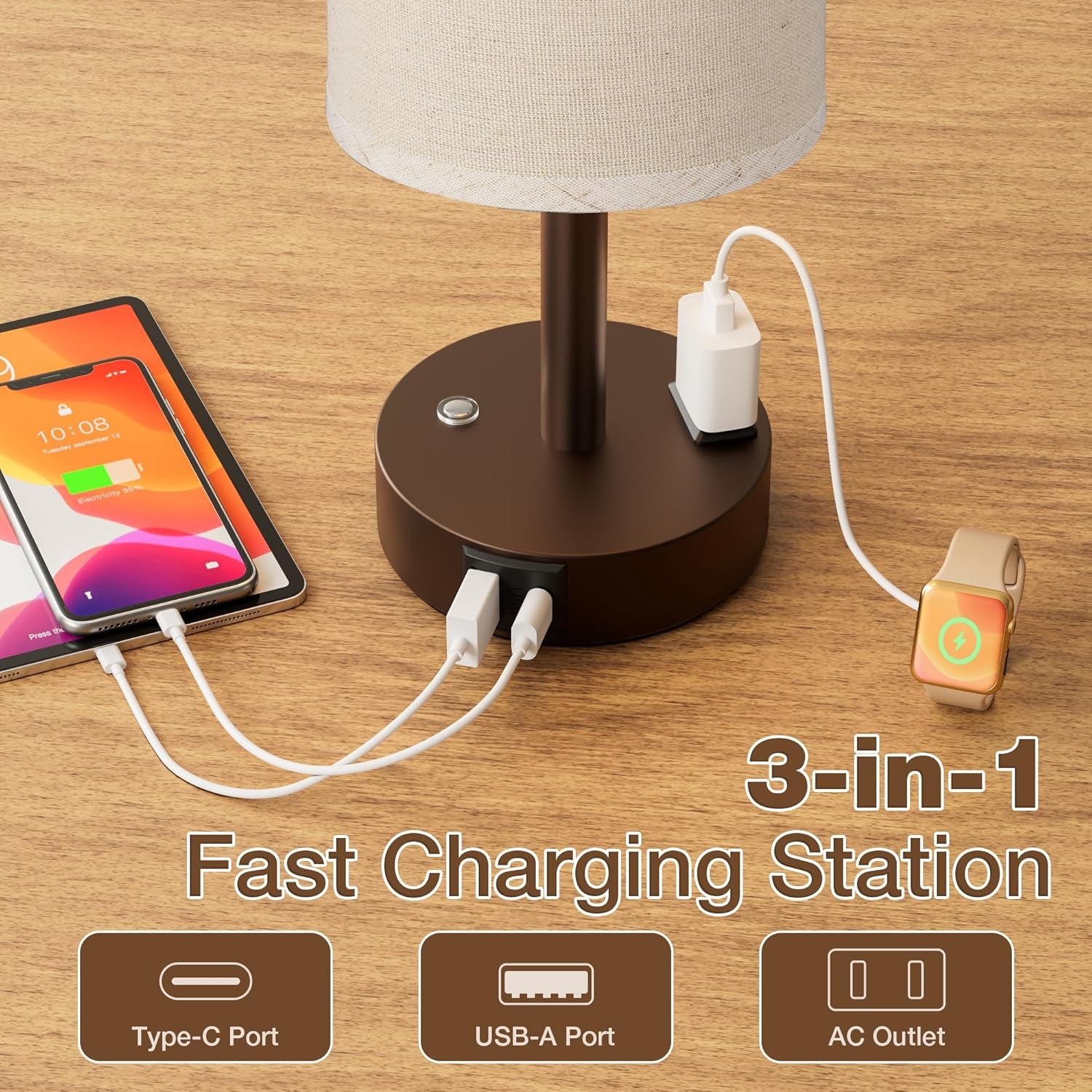 Touch Bedside Table Lamp with Memory - Stepless Dimmable Lamp for Bedroom, Small Nightstand Lamp with Dual USB Charging Ports and AC Outlet, Wood Night Light, Desk Lamp for Nursery (Beige & Brown)