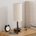 Touch Bedside Table Lamp with Memory - Stepless Dimmable Lamp for Bedroom, Small Nightstand Lamp with Dual USB Charging Ports and AC Outlet, Wood Night Light, Desk Lamp for Nursery (Beige & Brown)