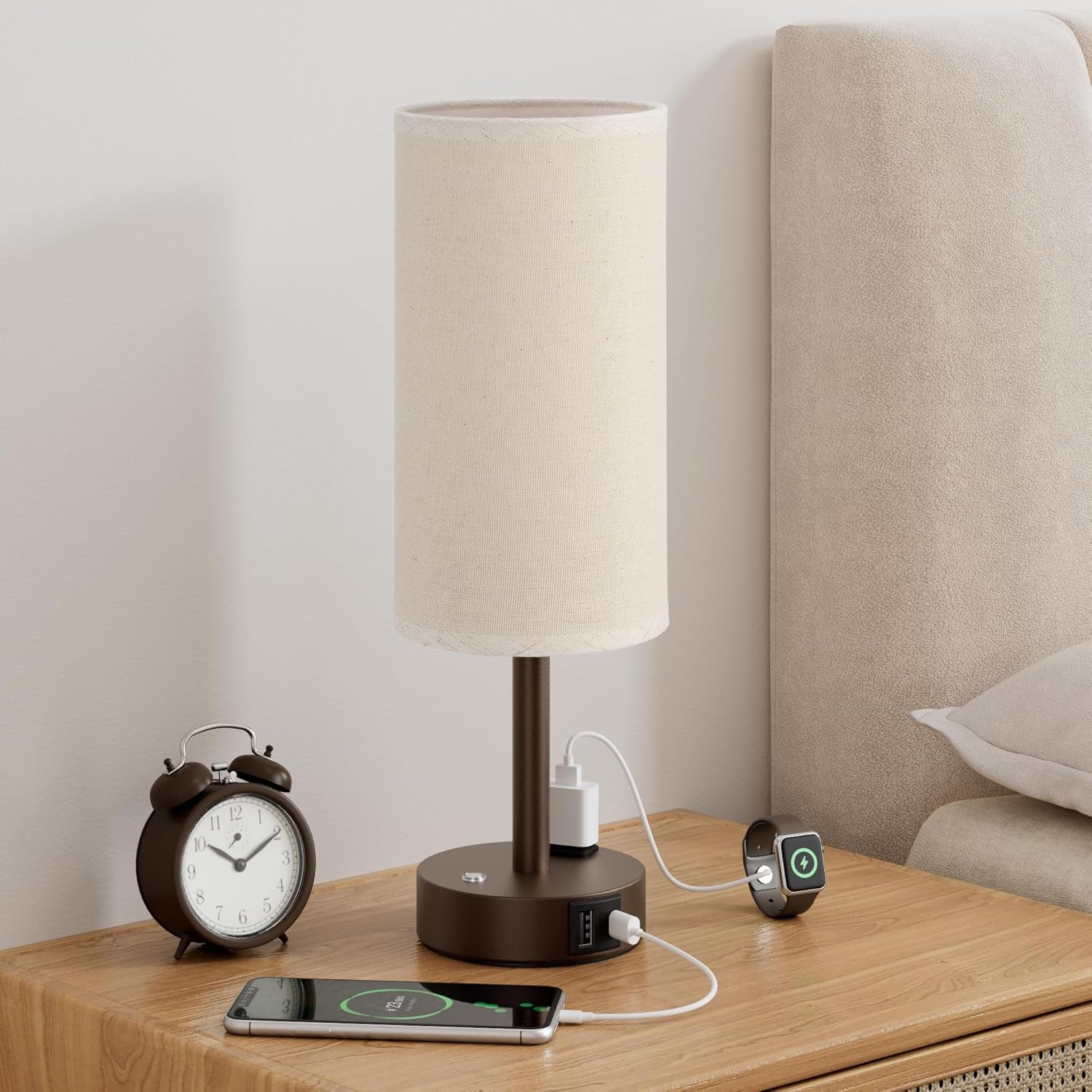 Touch Bedside Table Lamp with Memory - Stepless Dimmable Lamp for Bedroom, Small Nightstand Lamp with Dual USB Charging Ports and AC Outlet, Wood Night Light, Desk Lamp for Nursery (Beige & Brown)